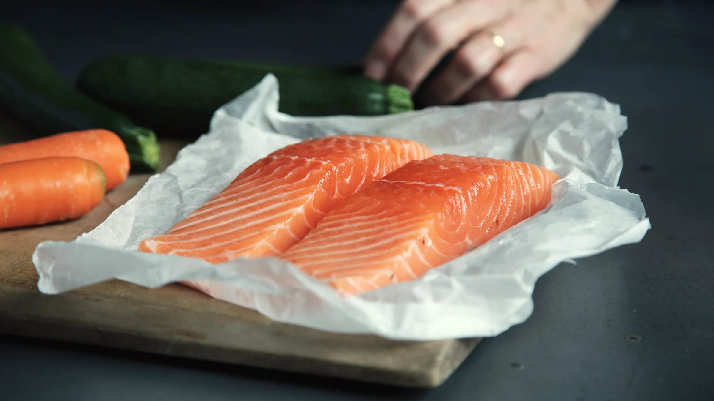 Two salmon fillets on baking paper